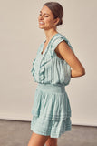 V-Neck Pleated Ruffle Dress - Mint