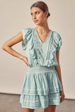 V-Neck Pleated Ruffle Dress - Mint