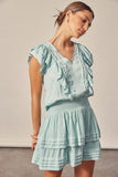 V-Neck Pleated Ruffle Dress - Mint