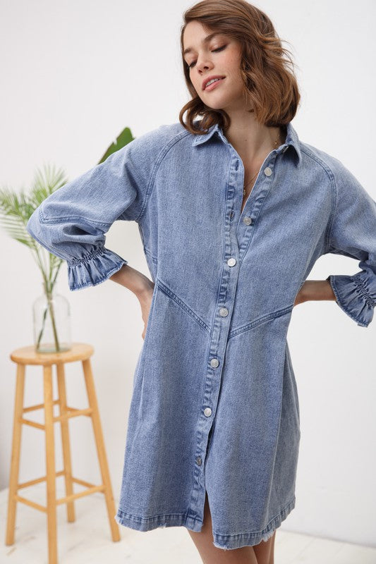 Washed Denim Puff Sleeve Dress - Pink or Denim