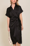 Surplice Satin Wrap Dress - Black