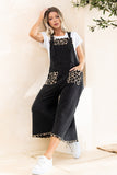 Leopard Trim Knit Overalls - Washed Black