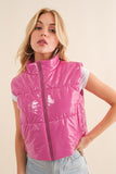Shiny Quilted Puffer Zip Up Crop Vest - Pink, Black or Tan