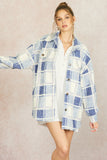 Teddy Plaid Button Up Shacket - Blue