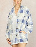 Teddy Plaid Button Up Shacket - Blue