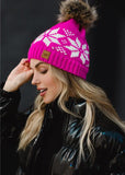Snowflake Faux Fur Pom Beanie Hat - Pink & White