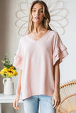 Swiss Dot Ruffle Short Sleeve Top - Peach
