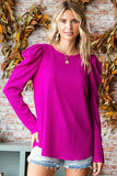 Texture Puff Sleeve Round Neck Blouse - Magenta