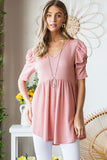Waffle Knit V-Neck Babydoll Top - Rose