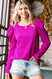 Texture Puff Sleeve Round Neck Blouse - Magenta