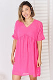 Swiss Dot Rolled Short Sleeve Babydoll Dress - Fuchsia