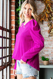 Texture Puff Sleeve Round Neck Blouse - Magenta