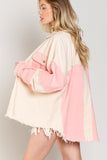 POL Distressed Color Block Spring Shacket - Pink or Blue