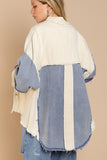 POL Distressed Color Block Spring Shacket - Pink or Blue