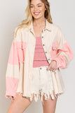 POL Distressed Color Block Spring Shacket - Pink or Blue