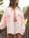 POL Distressed Color Block Spring Shacket - Pink or Blue