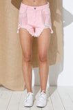 Frayed Rhinestone Denim Shorts - Pink