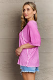 Mineral Washed Boat Neck Seamed Tee - Fuchsia Pink