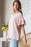 Swiss Dot Ruffle Short Sleeve Top - Peach