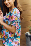 Floral V-Neck Tie Detail Blouse - Navy / Pink