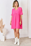 Swiss Dot Rolled Short Sleeve Babydoll Dress - Fuchsia
