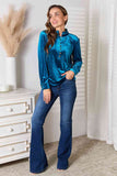 Notched Neck Velour Button Blouse - Turquoise