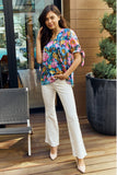 Floral V-Neck Tie Detail Blouse - Navy / Pink
