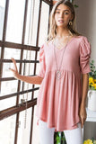Waffle Knit V-Neck Babydoll Top - Rose