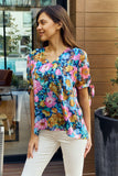Floral V-Neck Tie Detail Blouse - Navy / Pink