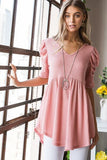 Waffle Knit V-Neck Babydoll Top - Rose