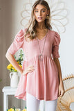 Waffle Knit V-Neck Babydoll Top - Rose