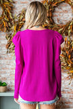 Texture Puff Sleeve Round Neck Blouse - Magenta