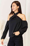 Grecian Cold Shoulder Long Sleeve Blouse - Black