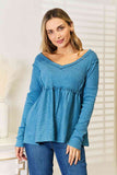 Waffle Weave Babydoll V-Neck Top - Blue