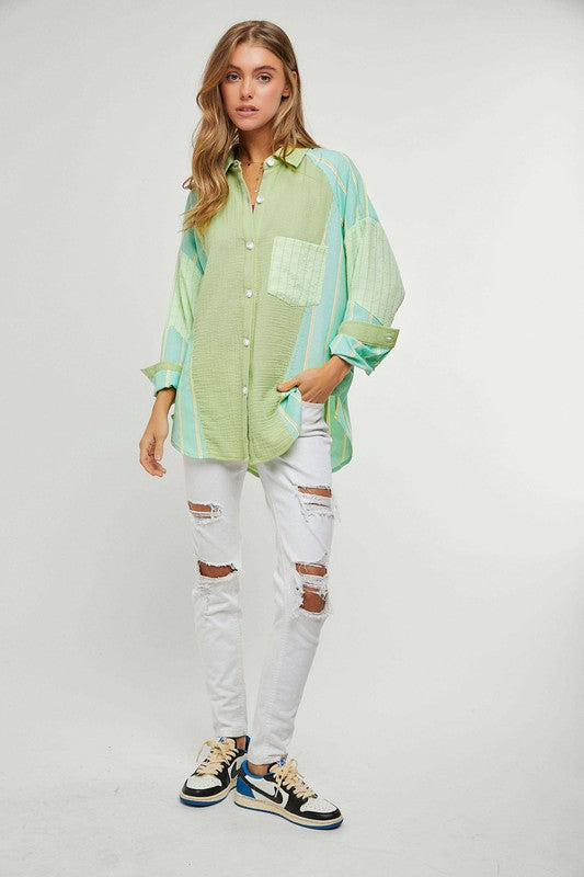 Drop Shoulder Mixed Print Button Up Shirt - Sage