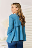 Waffle Weave Babydoll V-Neck Top - Blue