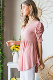 Waffle Knit V-Neck Babydoll Top - Rose