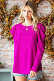 Texture Puff Sleeve Round Neck Blouse - Magenta