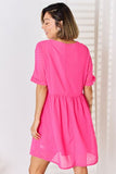Swiss Dot Rolled Short Sleeve Babydoll Dress - Fuchsia
