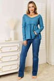 Waffle Weave Babydoll V-Neck Top - Blue