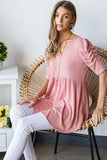 Waffle Knit V-Neck Babydoll Top - Rose