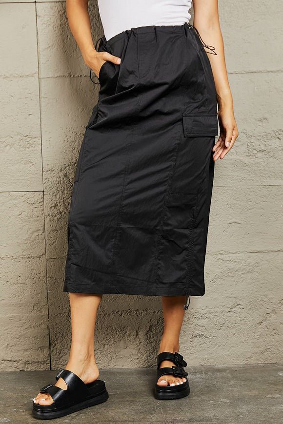 High Waisted Cargo Midi Skirt - Black