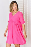 Swiss Dot Rolled Short Sleeve Babydoll Dress - Fuchsia