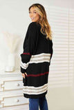 Striped Drop Shoulder Open Front Cardigan - Black Multi