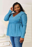 Waffle Weave Babydoll V-Neck Top - Blue
