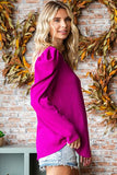 Texture Puff Sleeve Round Neck Blouse - Magenta