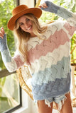 Color Block Openwork Long Sleeve Sweater - Mauve