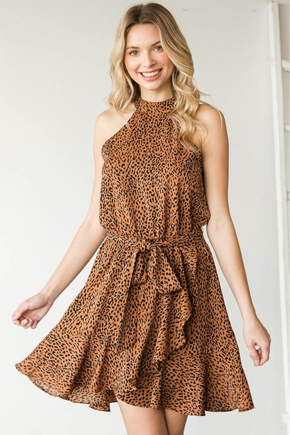 Leopard Belted Sleeveless Dress - Mocha