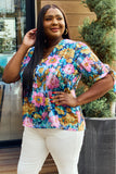 Floral V-Neck Tie Detail Blouse - Navy / Pink