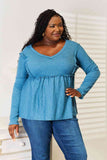 Waffle Weave Babydoll V-Neck Top - Blue